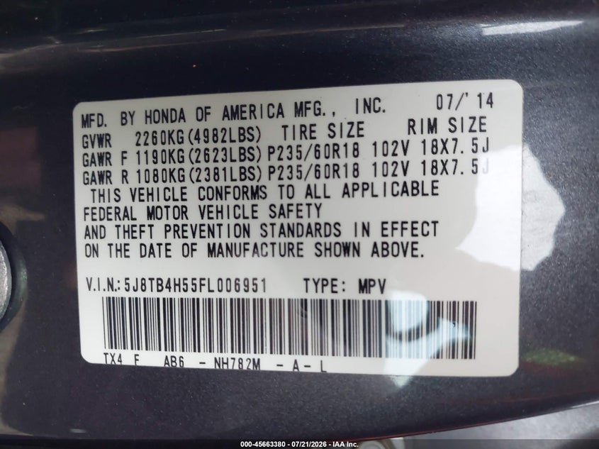2015 Acura Rdx VIN: 5J8TB4H55FL006951 Lot: 45663380