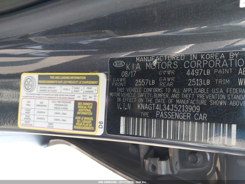2018 Kia Optima Lx VIN: KNAGT4L34J5213909 Lot: 45663390