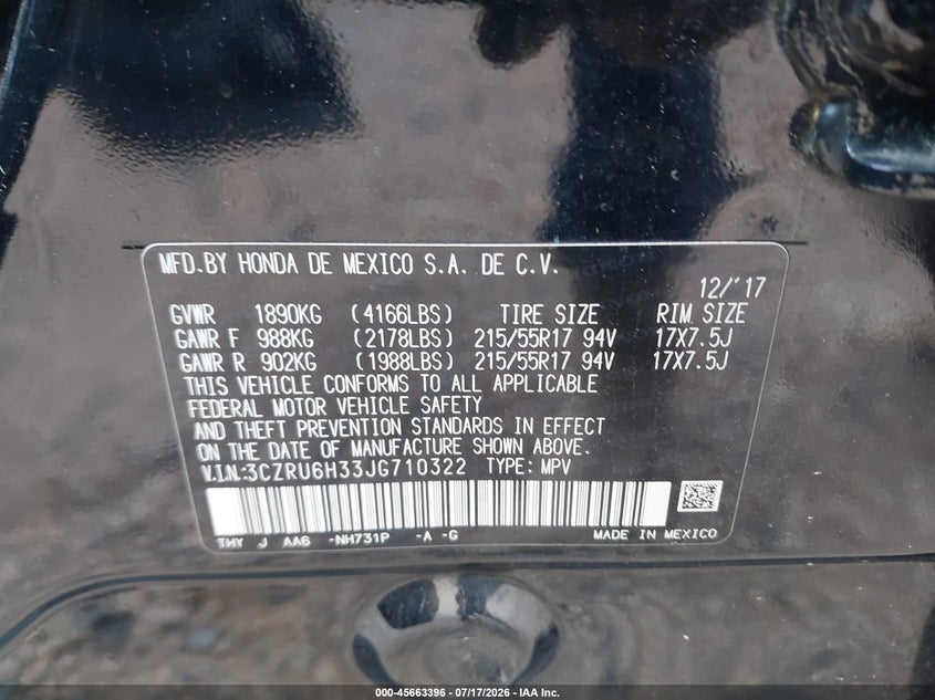 2018 Honda Hr-V Lx VIN: 3CZRU6H33JG710322 Lot: 45663396
