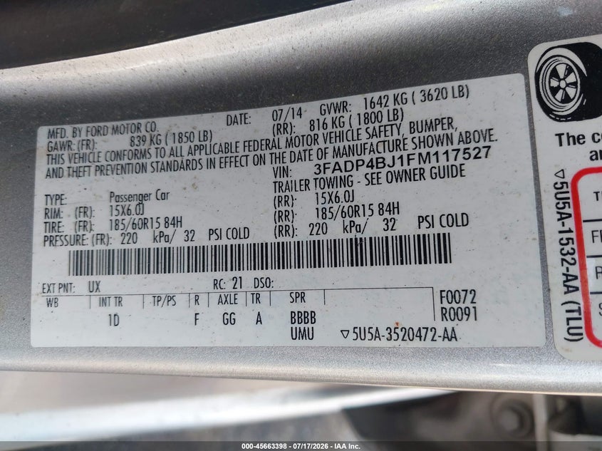 2015 Ford Fiesta Se VIN: 3FADP4BJ1FM117527 Lot: 45663398