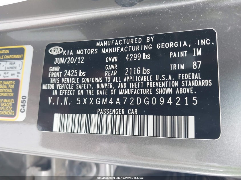 2013 Kia Optima Lx VIN: 5XXGM4A72DG094215 Lot: 45663399