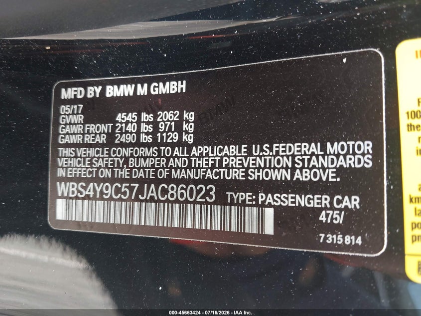 2018 BMW M4 VIN: WBS4Y9C57JAC86023 Lot: 45663424