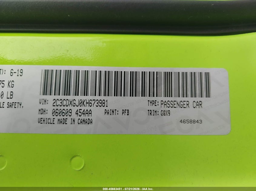 2019 Dodge Charger Scat Pack Rwd VIN: 2C3CDXGJ0KH673981 Lot: 45663451