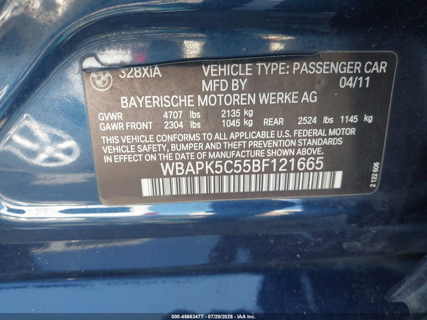 2011 BMW 328I xDrive VIN: WBAPK5C55BF121665 Lot: 45663477