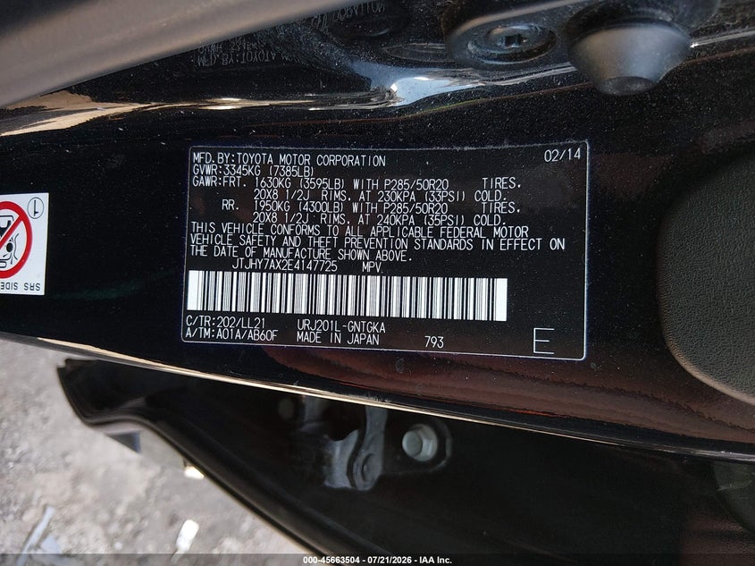 2014 Lexus Lx 570 VIN: JTJHY7AX2E4147725 Lot: 45663504