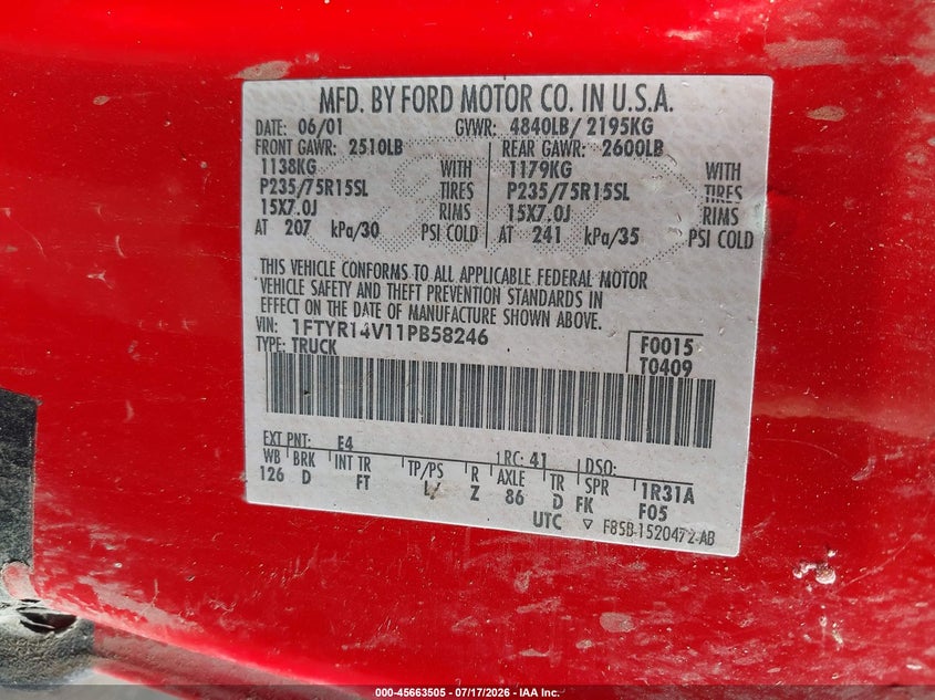 2001 Ford Ranger Edge/Xl/Xlt VIN: 1FTYR14V11PB58246 Lot: 45663505