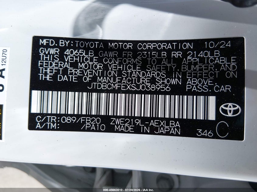 2025 Toyota Corolla Hybrid Le VIN: JTDBCMFEXSJ038956 Lot: 45663510