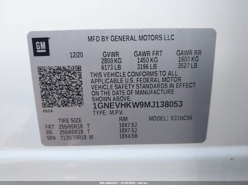 2021 Chevrolet Traverse Awd Lt Leather VIN: 1GNEVHKW9MJ138053 Lot: 45663527
