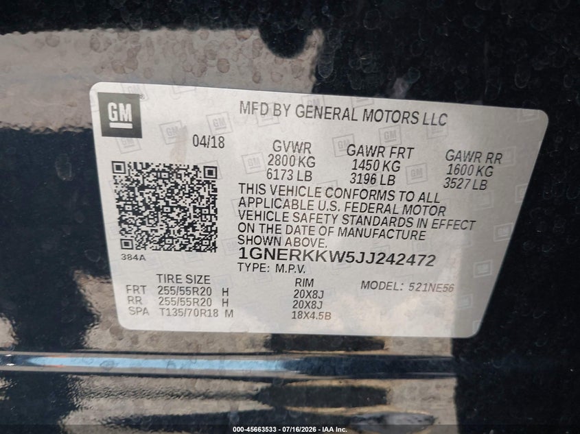 2018 Chevrolet Traverse Premier VIN: 1GNERKKW5JJ242472 Lot: 45663533