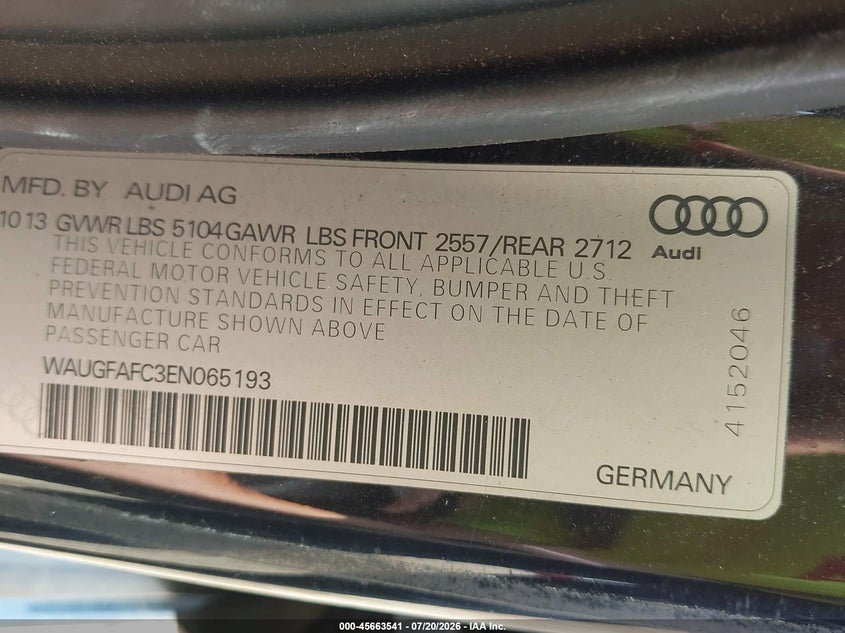 2014 Audi A6 2.0T Premium VIN: WAUGFAFC3EN065193 Lot: 45663541