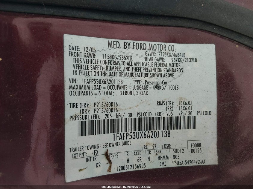 2006 Ford Taurus Se VIN: 1FAFP53UX6A201138 Lot: 45663550