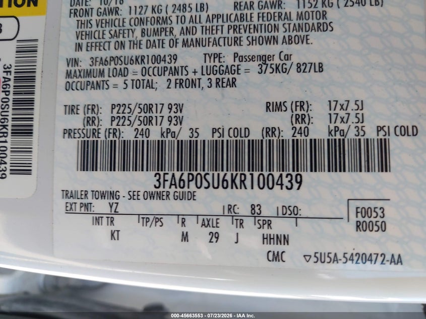 FORD FUSION ENERGI 2019 VIN 3FA6P0SU6KR100439