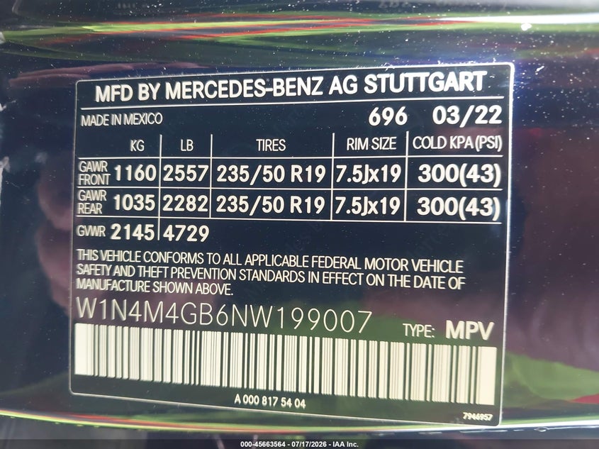 2022 Mercedes-Benz Glb 250 VIN: W1N4M4GB6NW199007 Lot: 45663564