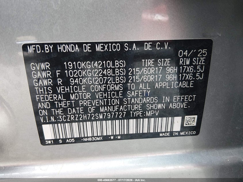 2025 Honda Hr-V Awd Ex-L VIN: 3CZRZ2H72SM797727 Lot: 45663577