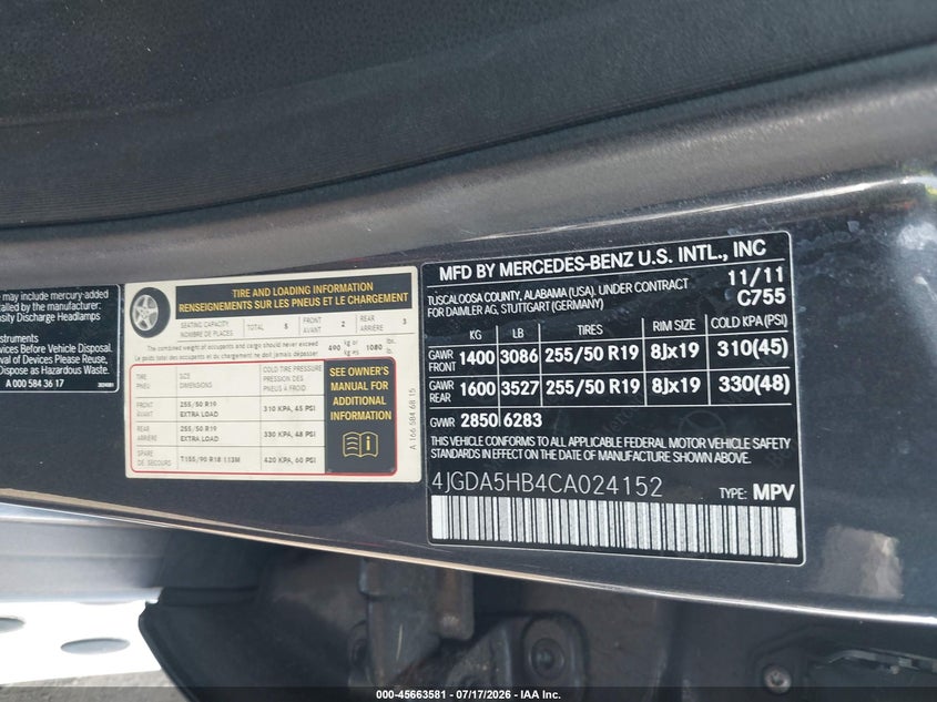 2012 Mercedes-Benz Ml 350 4Matic VIN: 4JGDA5HB4CA024152 Lot: 45663581