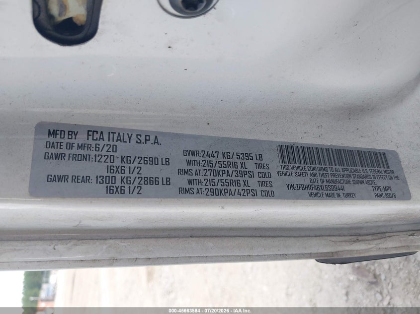 2020 Ram Promaster City Tradesman VIN: ZFBHRFABXL6S09441 Lot: 45663584