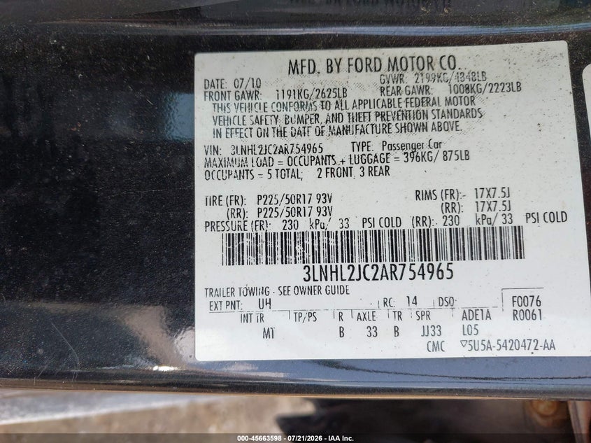 2010 Lincoln Mkz VIN: 3LNHL2JC2AR754965 Lot: 45663598