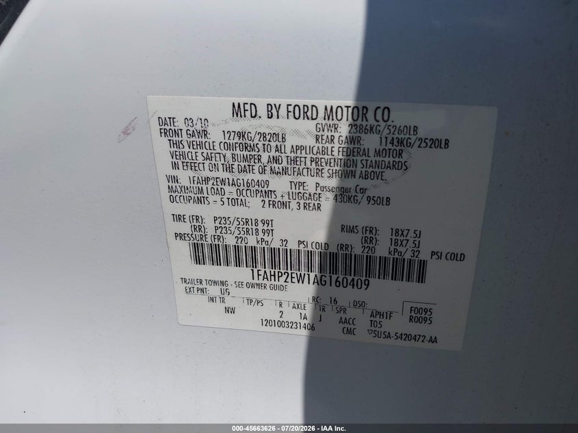 2010 Ford Taurus Sel VIN: 1FAHP2EW1AG160409 Lot: 45663626