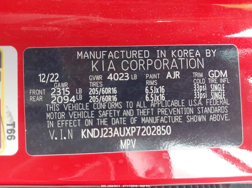 2023 Kia Soul Lx VIN: KNDJ23AUXP7202850 Lot: 45663633