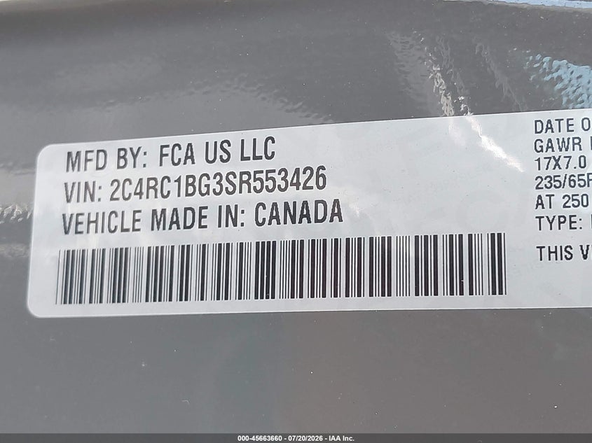 2025 Chrysler Pacifica Select VIN: 2C4RC1BG3SR553426 Lot: 45663660