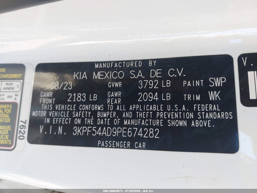 2023 Kia Forte Gt-Line VIN: 3KPF54AD9PE674282 Lot: 45663673