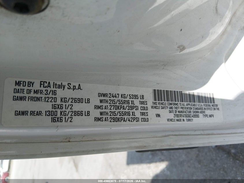 2016 Ram Promaster City Tradesman VIN: ZFBERFAT6G6C49990 Lot: 45663675