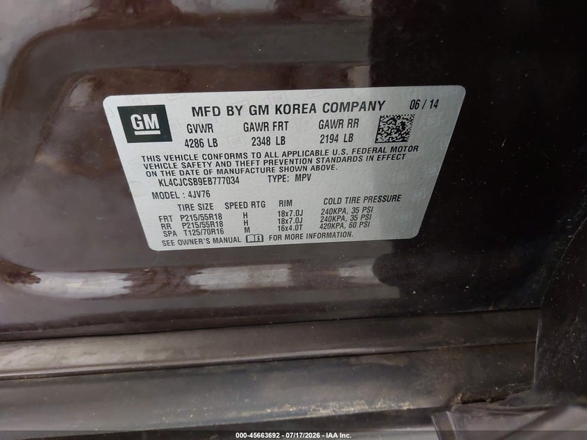 2014 Buick Encore Leather VIN: KL4CJCSB9EB777034 Lot: 45663692
