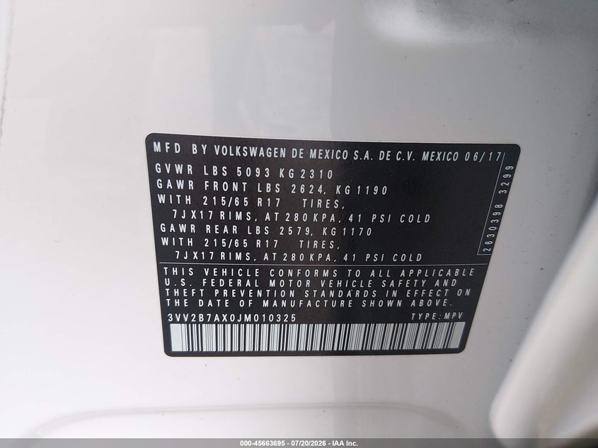 2018 Volkswagen Tiguan 2.0T Se/2.0T Sel VIN: 3VV2B7AX0JM010325 Lot: 45663695