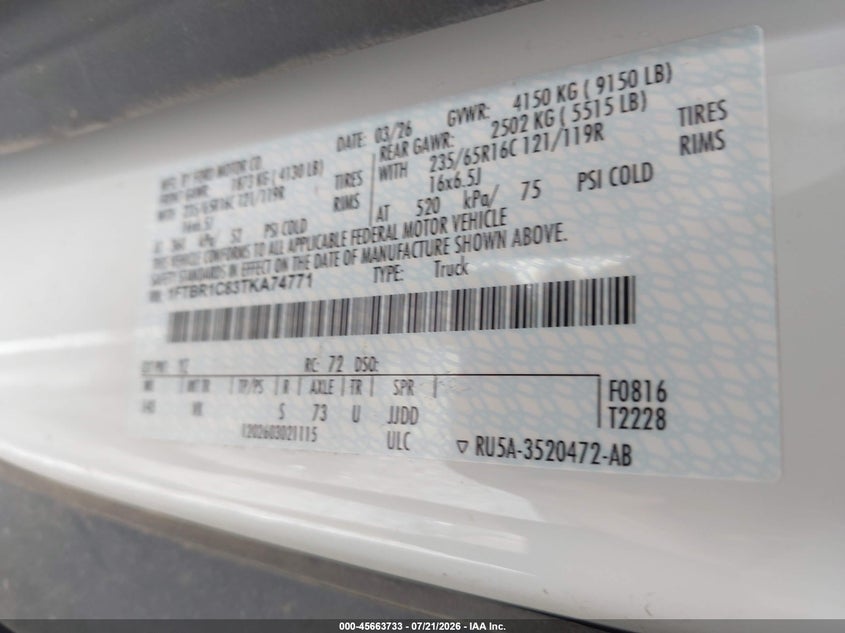 Vin: 1ftbr1c83tka74771, lot: 46162305, ford transit-250 20264