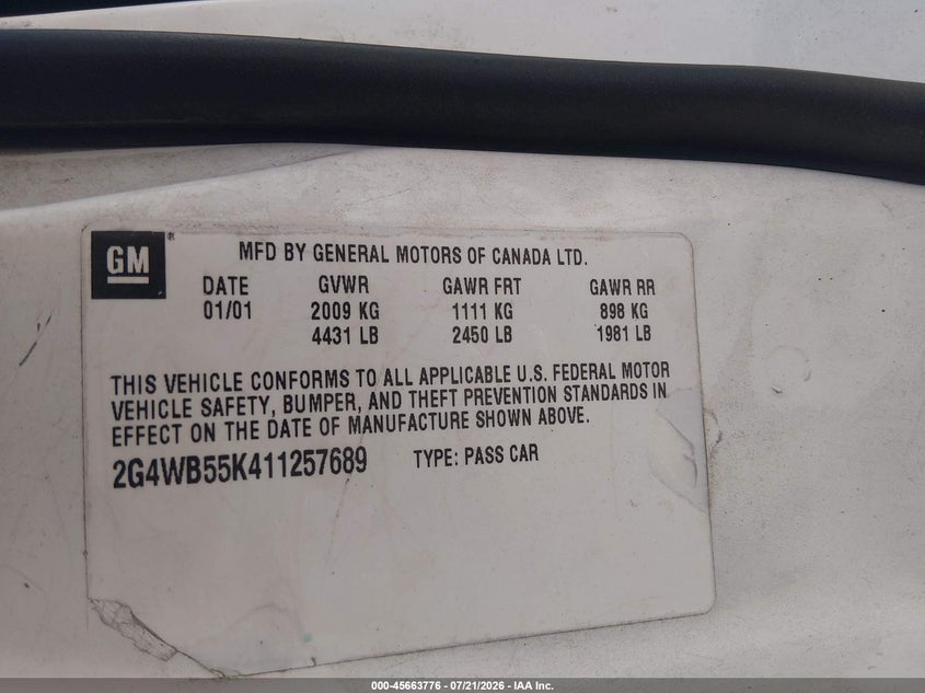 2001 BUICK REGAL SEDAN 3.8L V-6 200HP