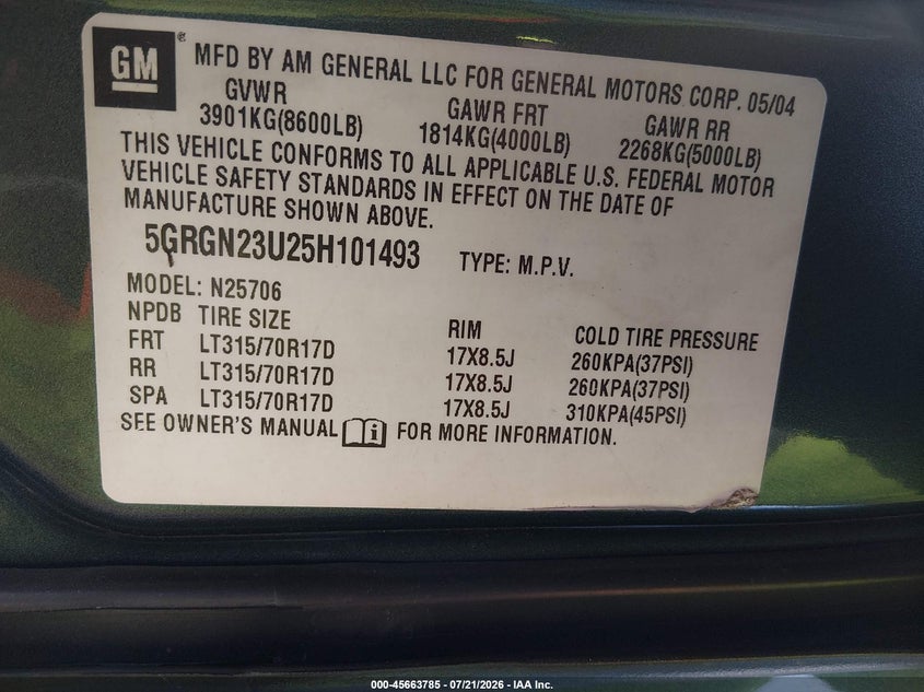 2005 Hummer H2 Suv VIN: 5GRGN23U25H101493 Lot: 45663785