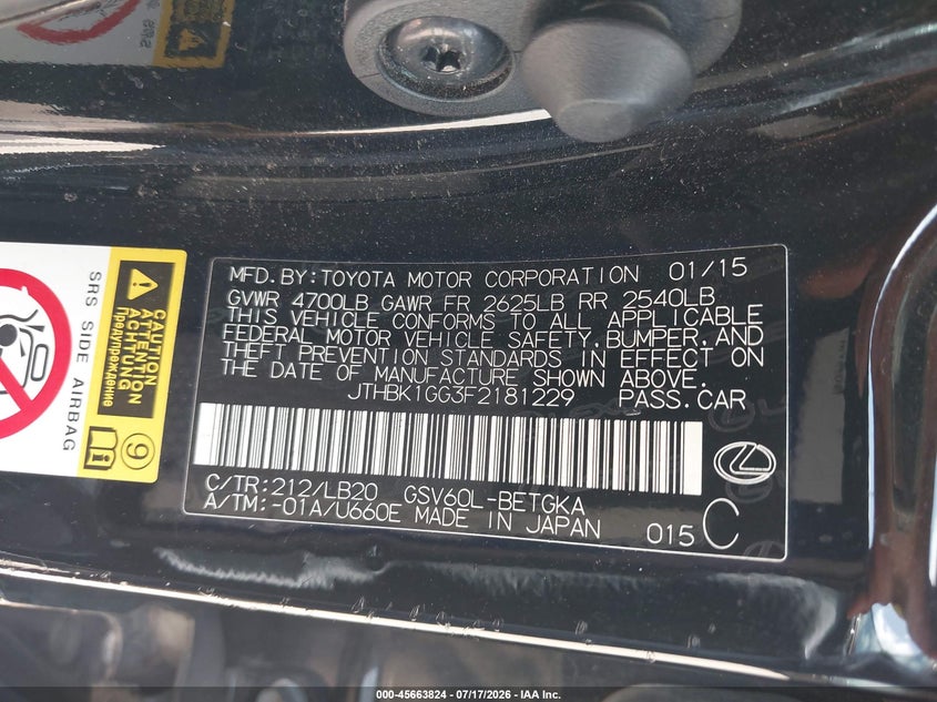 2015 Lexus Es 350 VIN: JTHBK1GG3F2181229 Lot: 45663824