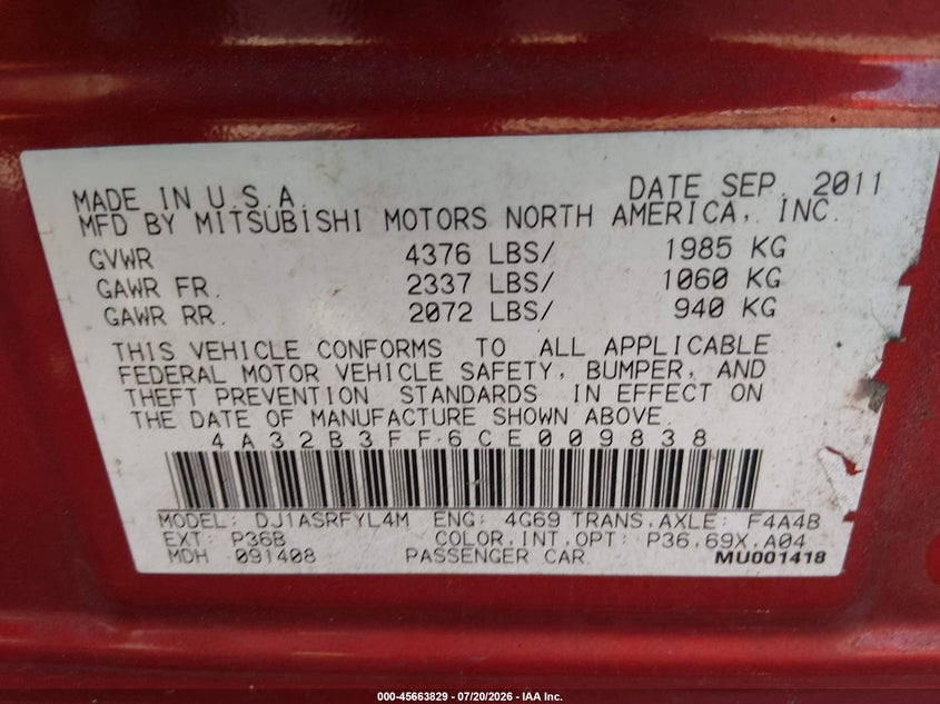 2012 Mitsubishi Galant Es/Se VIN: 4A32B3FF6CE009838 Lot: 45663829