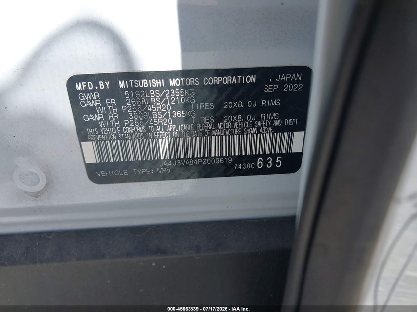 2023 Mitsubishi Outlander Sel 2.5 2Wd/Sel Black Edition 2Wd VIN: JA4J3VA84PZ009619 Lot: 45663839