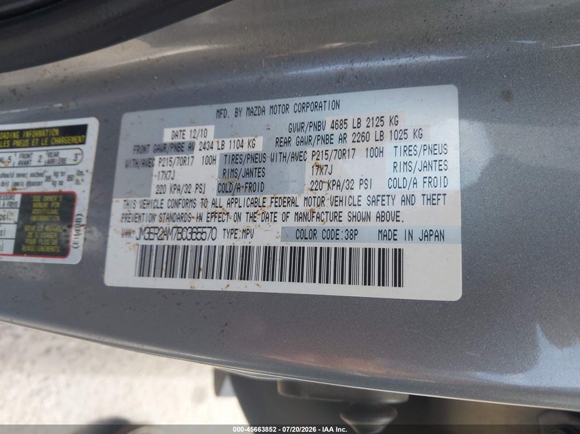2011 Mazda Cx-7 I Sv VIN: JM3ER2AM7B0365570 Lot: 45663852