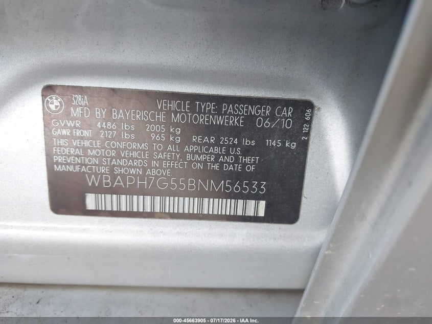 2011 BMW 328I VIN: WBAPH7G55BNM56533 Lot: 45663905