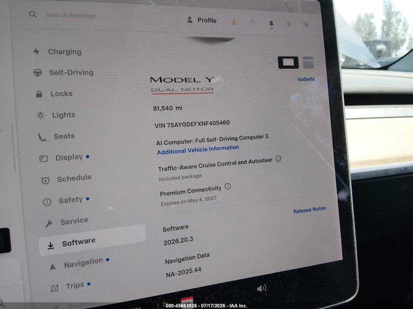2022 Tesla Model Y Performance Dual Motor All-Wheel Drive VIN: 7SAYGDEFXNF405460 Lot: 45663926