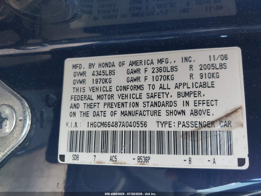 2007 Honda Accord 3.0 Se VIN: 1HGCM66487A040556 Lot: 45663929