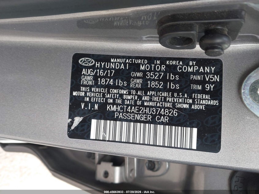 2017 Hyundai Accent Se VIN: KMHCT4AE2HU374826 Lot: 45663933