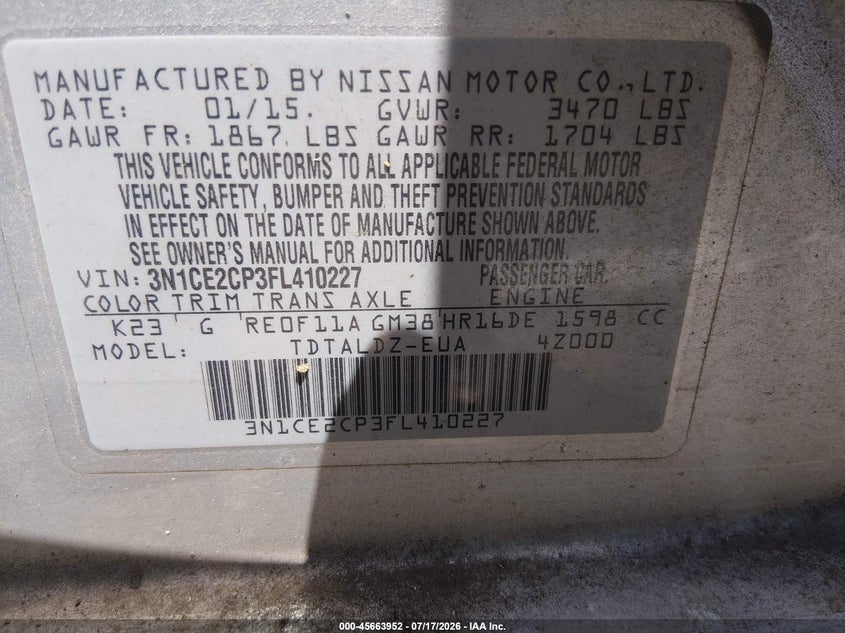 2015 Nissan Versa Note S (Sr)/S Plus/Sl/Sr/Sv VIN: 3N1CE2CP3FL410227 Lot: 45663952