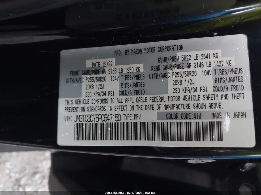 2023 Mazda Cx-9 Grand Touring VIN: JM3TCBDY6P0647150 Lot: 45663957
