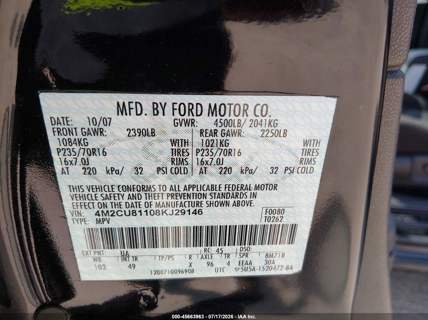 2008 Mercury Mariner V6 VIN: 4M2CU81108KJ29146 Lot: 45663963