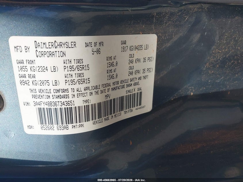 2006 Chrysler Pt Cruiser VIN: 3A4FY48B36T343651 Lot: 45663965