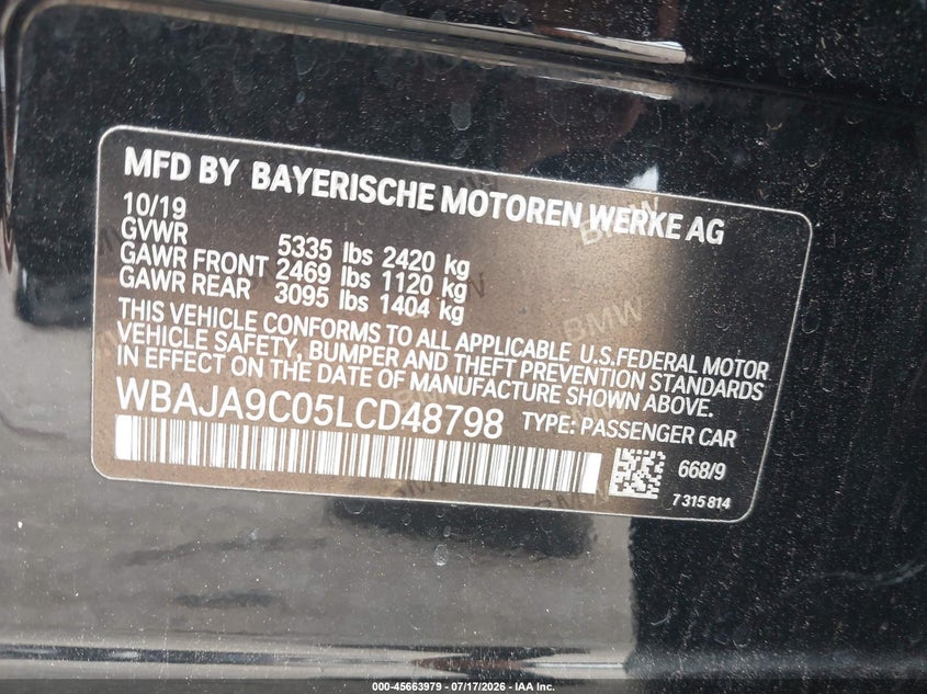 2020 BMW 5 Series 530E Iperformance VIN: WBAJA9C05LCD48798 Lot: 45663979