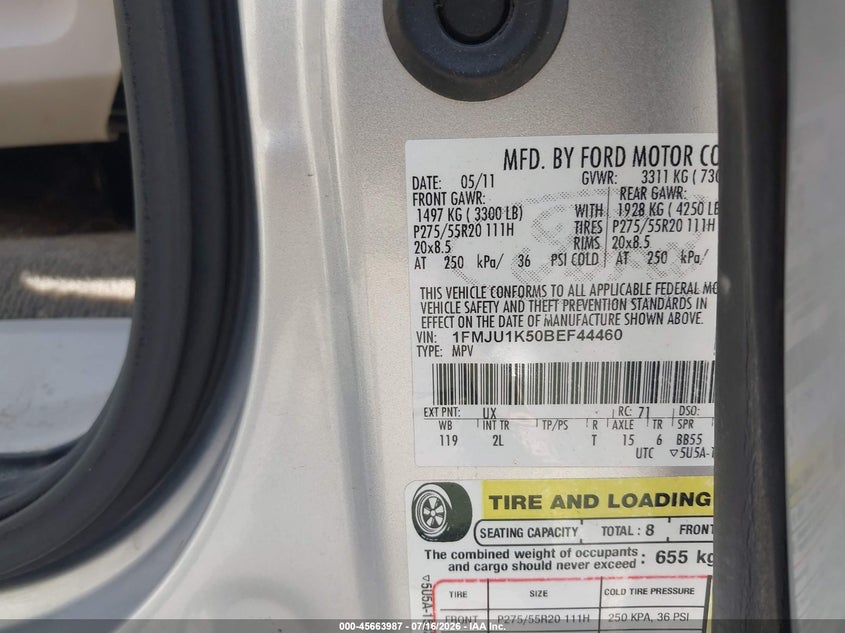 2011 Ford Expedition Limited VIN: 1FMJU1K50BEF44460 Lot: 45663987