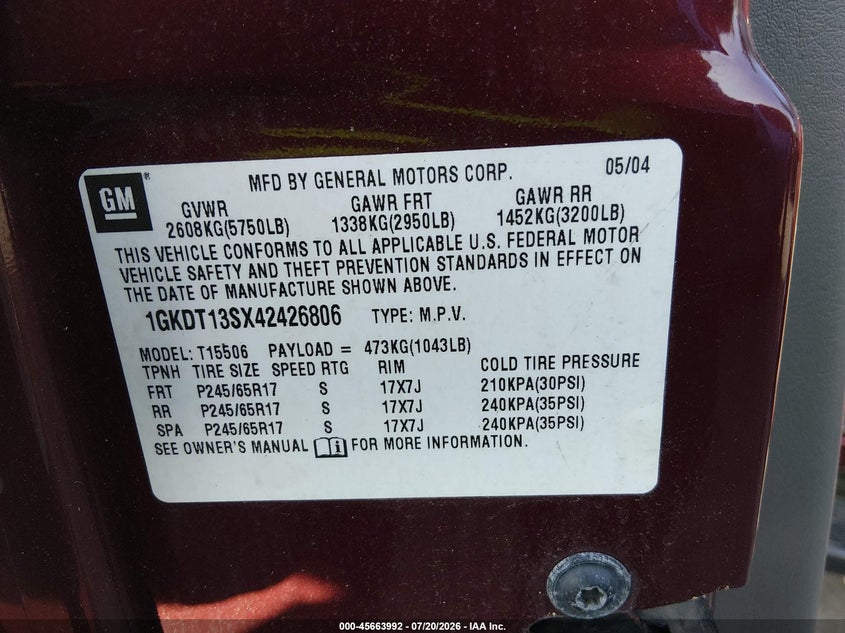 2004 GMC Envoy Sle VIN: 1GKDT13SX42426806 Lot: 45663992