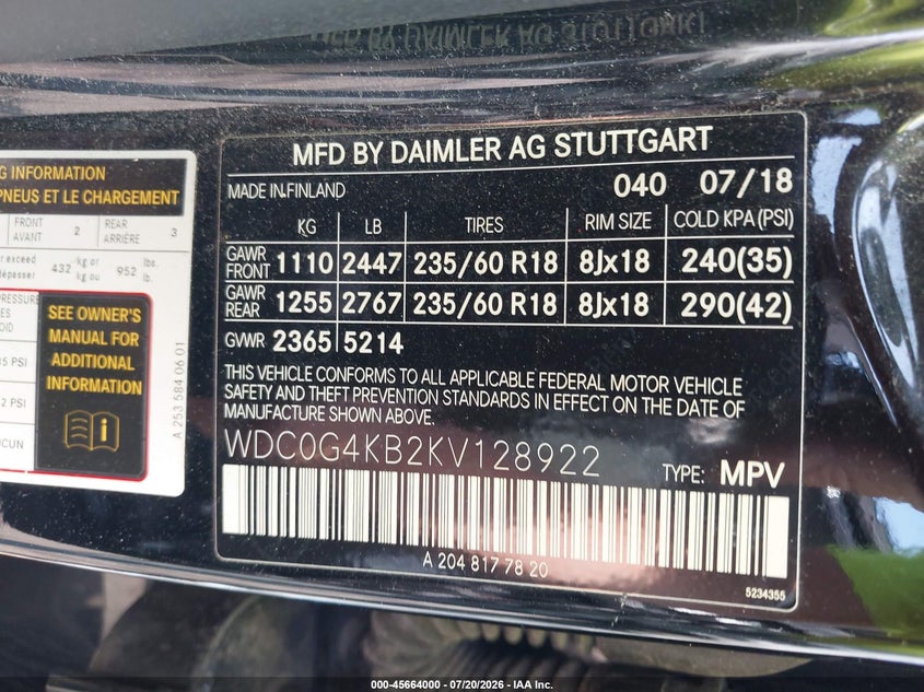 2019 Mercedes-Benz Glc 300 4Matic VIN: WDC0G4KB2KV128922 Lot: 45664000