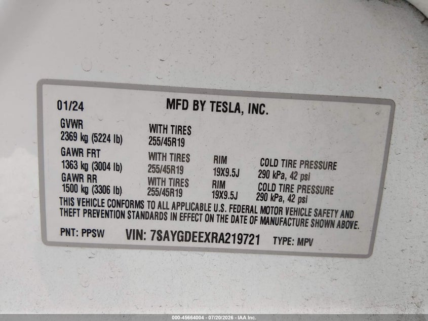 2024 Tesla Model Y Long Range Dual Motor All-Wheel Drive VIN: 7SAYGDEEXRA219721 Lot: 45664004