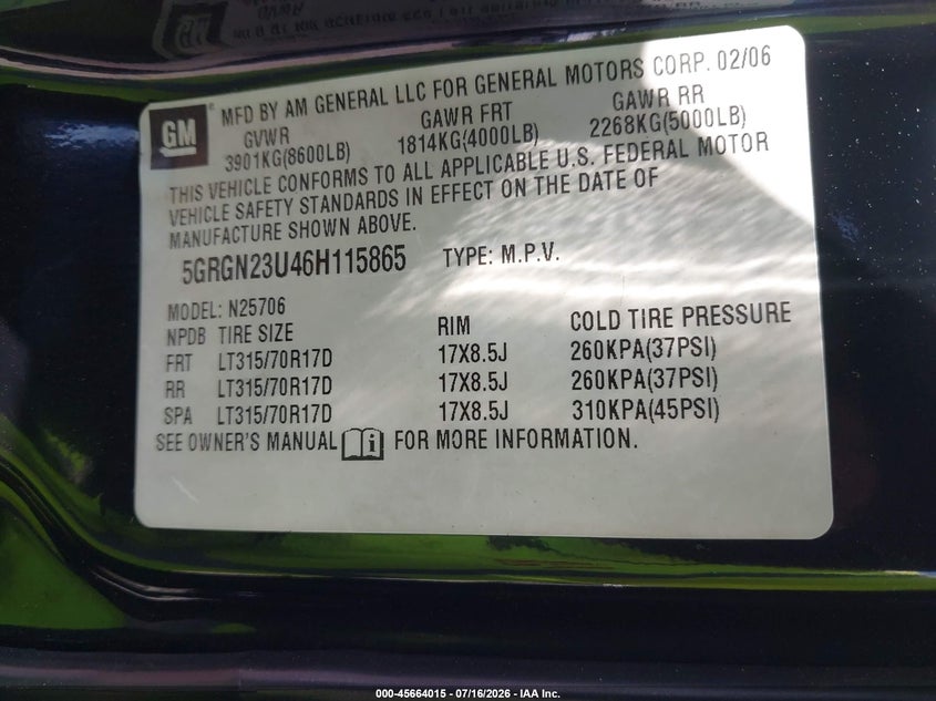2006 Hummer H2 Suv VIN: 5GRGN23U46H115865 Lot: 45664015