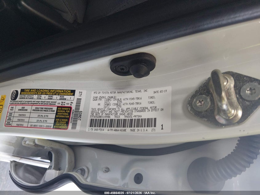 2019 Toyota Tacoma Sr VIN: 5TFAX5GN0KX149906 Lot: 45664025